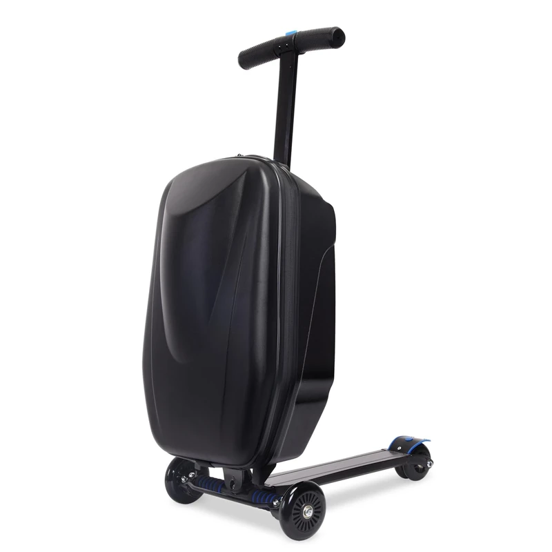 CyyKcc Scooter Suitcase for Kids, 2-in-1 Travelling Ride On Luggage, Foldable Case on 3 Wheels, 35x25x62.5cm Black