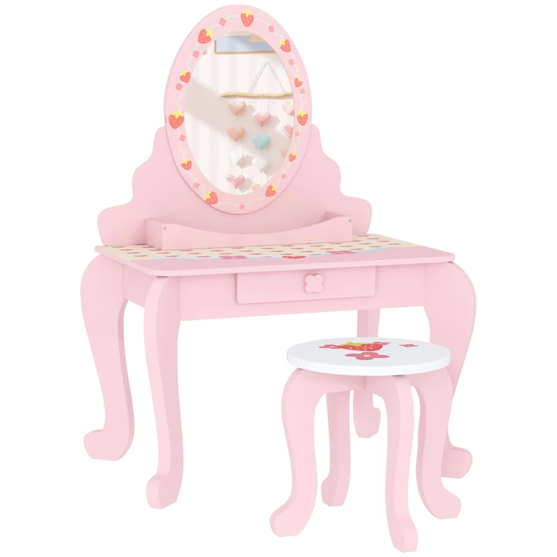 AIYAPLAY Kids Dressing Table Set, Two-Piece Children Vanity Table with Stool, Mirror, Drawer, Desktop Storage, Strawberry-Theme Makeup Desk, Chair, Pink