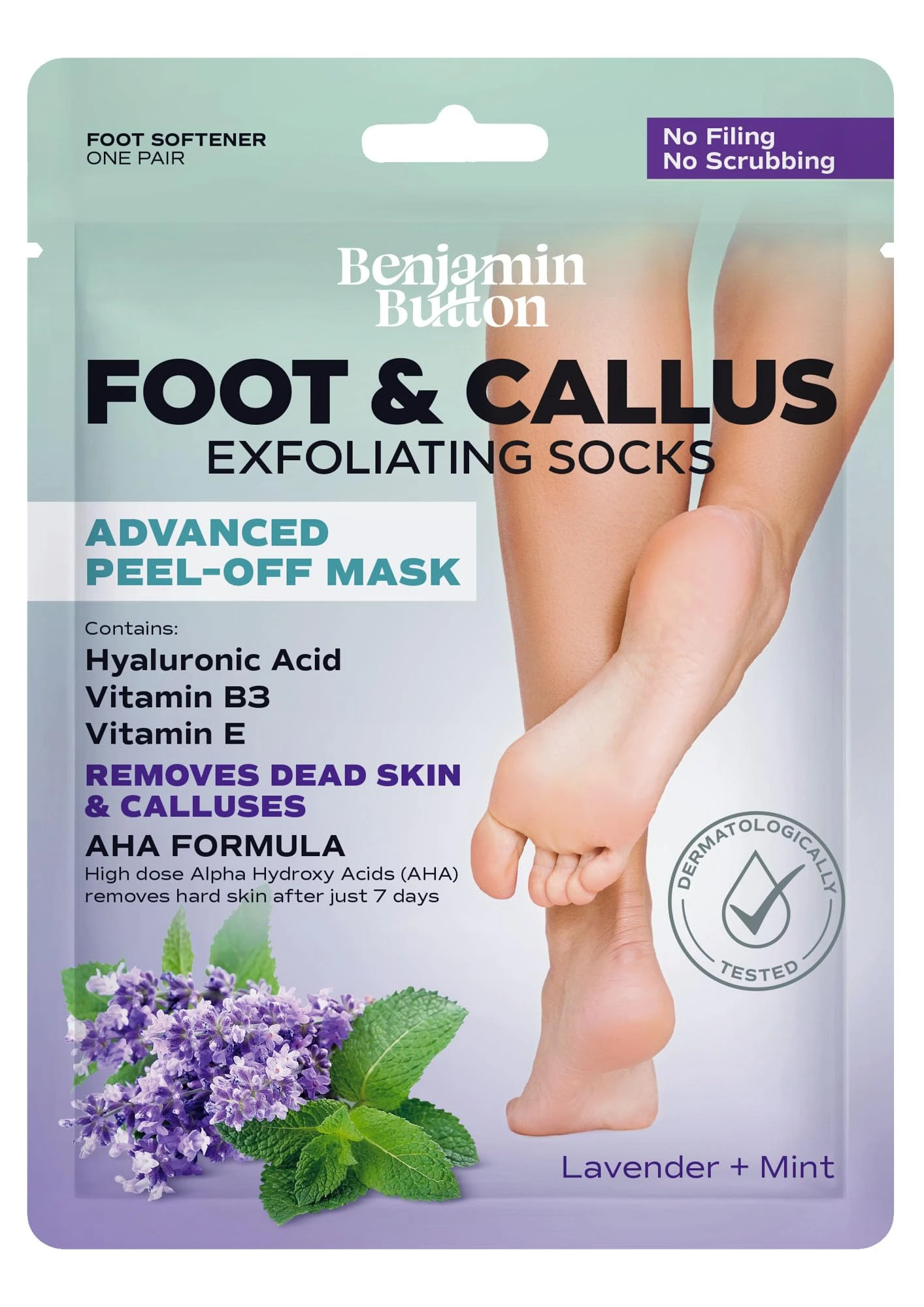 Benjamin Button® Luxury Foot Peel Mask - 1x Pair | Removes Hard Dead Skin, Calluses & Cracked Heels| Shea Butter, Lavender & Mint | Exfoliating Treatment, Smooth Feet | Foot Spa, Moisturising Socks