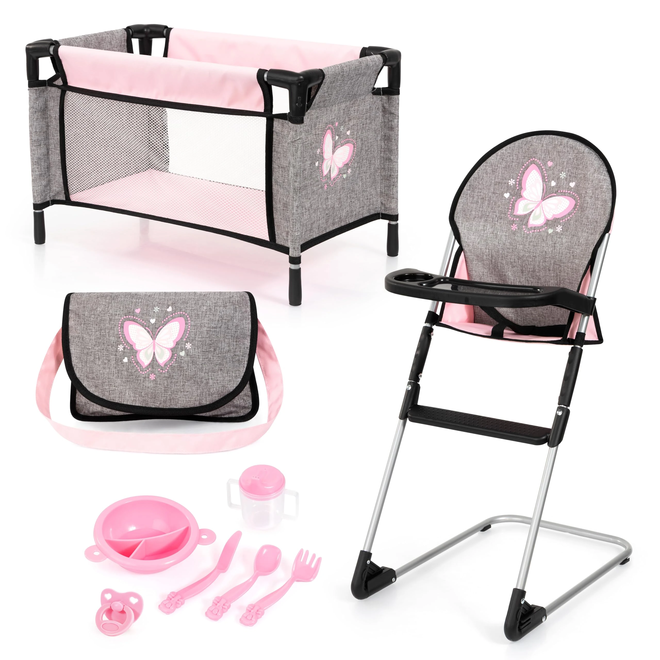 Bayer 9-in-1 Baby Doll Accessories Set - Travel Cot, Dolls High Chair, Changing Bag, Dummy & Doll Feeding Set - Toy Baby Accessories for 46cm Dolls - Role Play Toddler, 3+ Year Old Toys, Girls, Boys