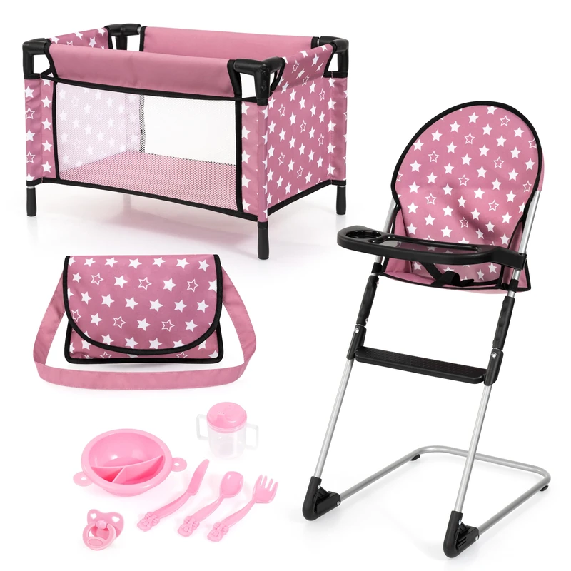 Bayer Design 61776AB doll accessories set with dolls high chair, bed, bag, play mat, dummy, cutlery, plate, mug for feeding - perfect for role play, 3+ age