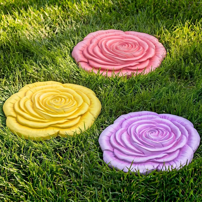 Cinnvoice 3 Pack Garden Stepping Stone Outdoor, Decorative Dimensional Resin Stepping Stones for Patio Pathway Landscaping Walkway Sculpture Yard Backyard Lawn(Rose,10 Inches)