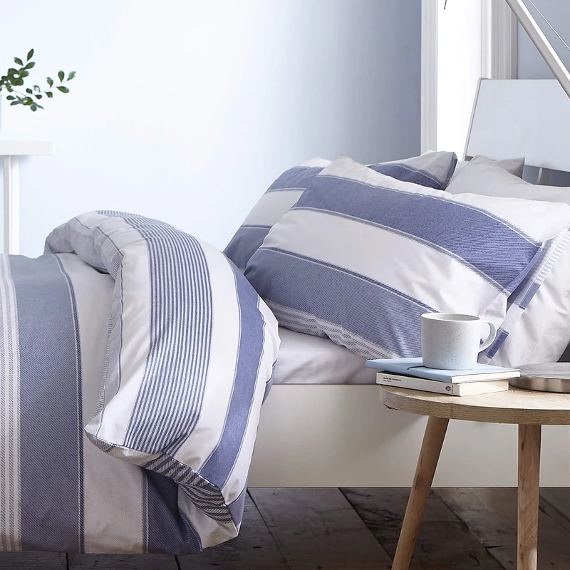 Catherine Lansfield New Quay Stripe Blue Duvet Cover Set 135 x 200 cm + 80 x 80 cm (Pair)