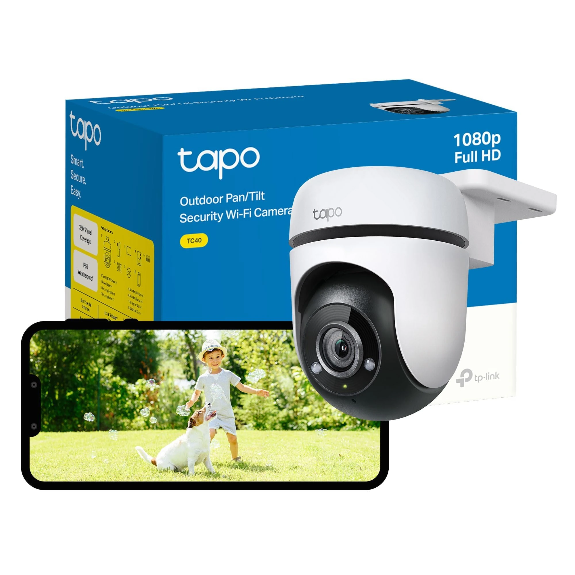 Tapo TC40(Renewed) 1080p Full HD Pan/Tilt WiFi Outdoor Security Camera, 360° Smart Person/Motion Detection, IP65 Weatherproof, Night Vision, Cloud &SD Card Storage, Works with Alexa & Google Home