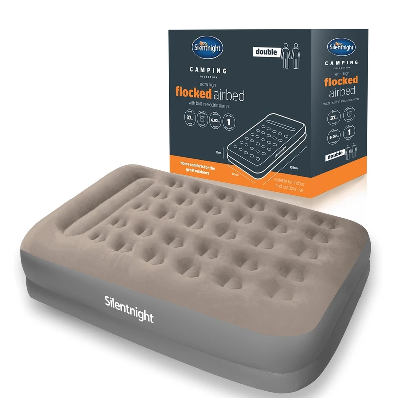 Silentnight Air Bed Double with Built in Pump - High Rise Flocked Non Slip Electric Airbed Comfortable Full Body Support Air Mattress for Guests, Camping, Caravans - Grey - Double