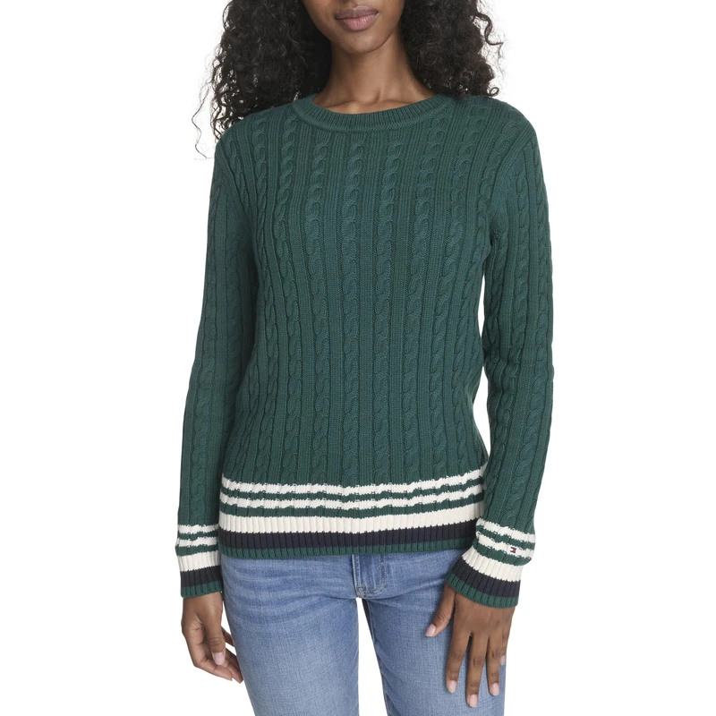 Tommy Hilfiger Women's Cotton Crewneck Cable Sweater, Forest Multi, Small
