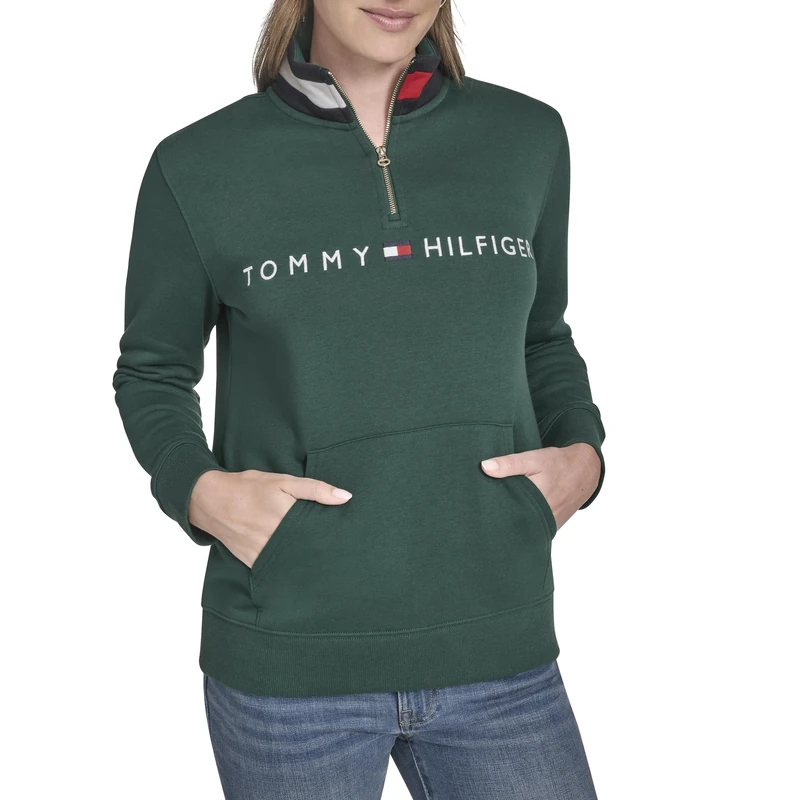 Tommy Hilfiger Women's Fleece Mockneck 1/4 Zip Soft Sweatshirt, Forest, XL - Image 1