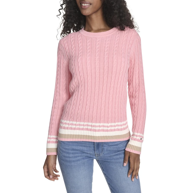 Tommy Hilfiger Women's Cotton Crewneck Cable Sweater, English Rose Multi, M - Image 1
