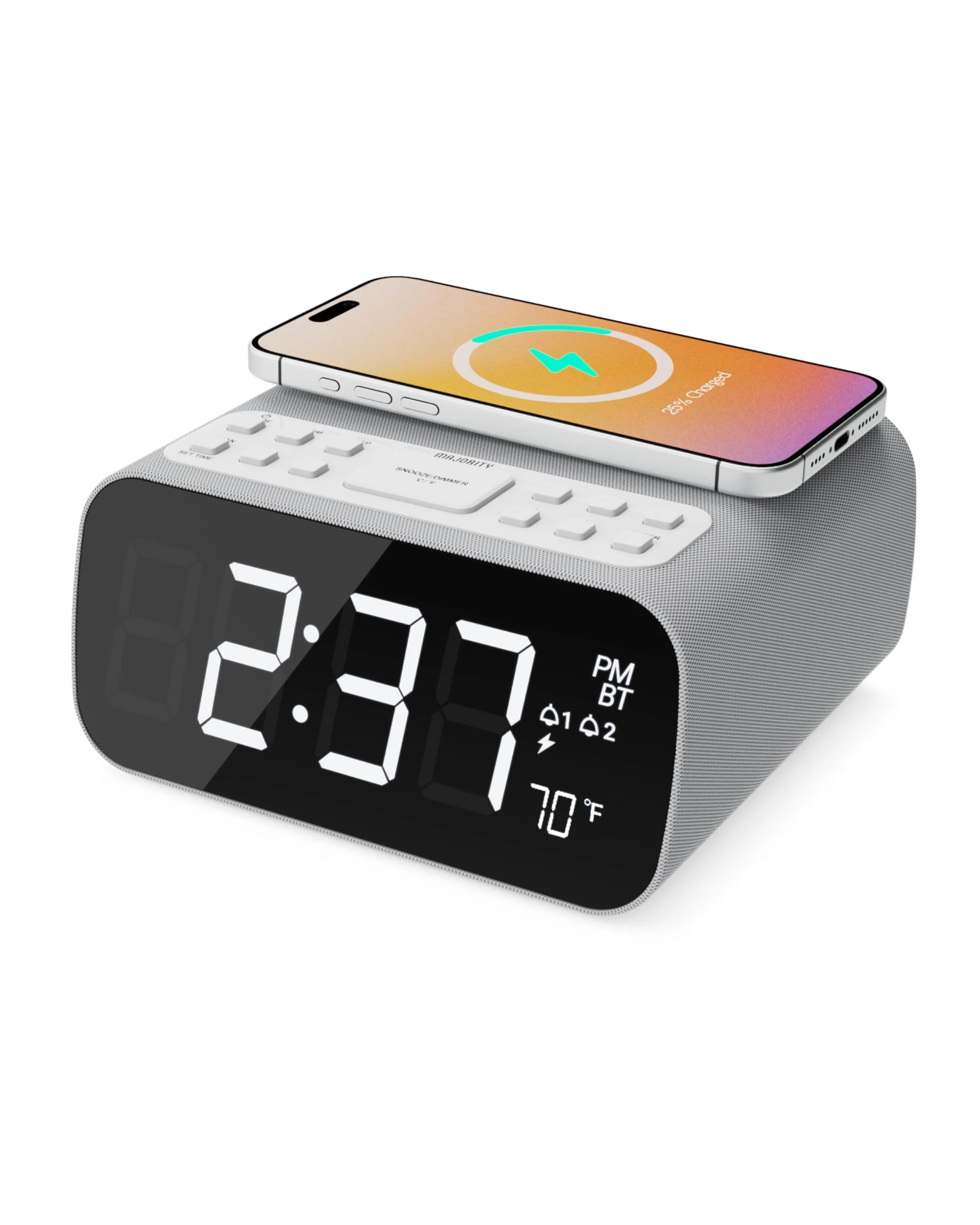 MAJORITY Bluetooth Bedside FM Radio Alarm Clock | Wireless Charging for Phones| 12W Stereo Sound with Dual Alarm, Built-in Thermometer, and 30 Presets | Large Dimmable Display Darwin digital clock