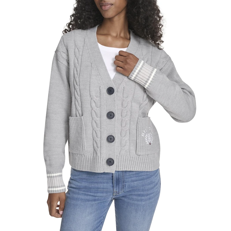 Tommy Hilfiger Women's Boxy Varsity Cable Cardigan Sweater, Medium Heather Grey Multi, XL - Image 1