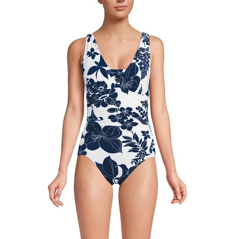 Lands' End Women's SlenderSuit Grecian Low Leg One Piece Swimsuit, White/Deep Sea Navy Lilies, 6
