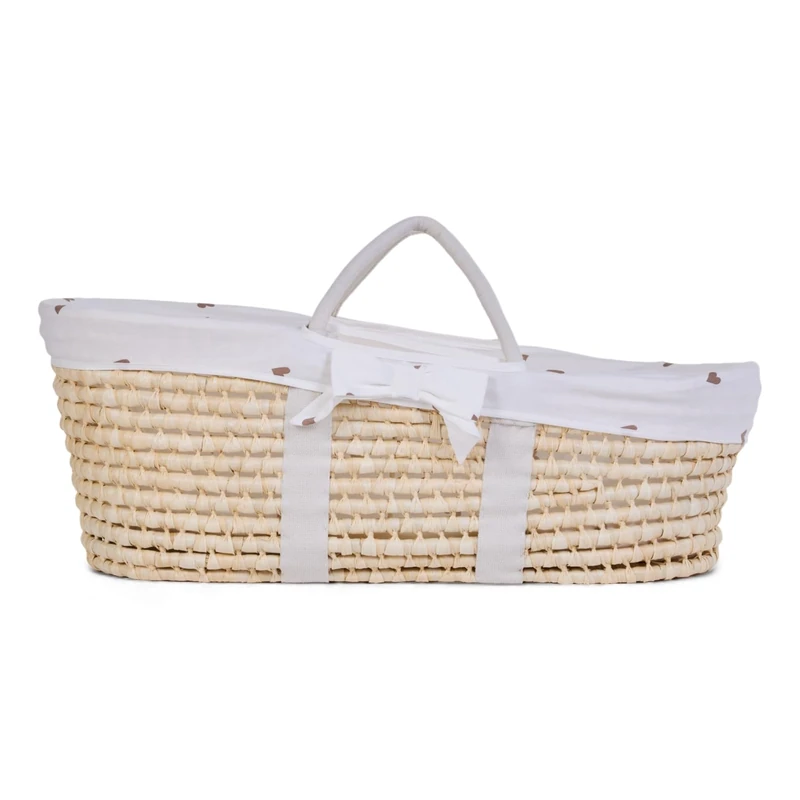 Childhome, Wicker Moses Basket for Baby, Moise Cornleaf Basket, Mattress Included, with Handles, Jersey Hearts Cover