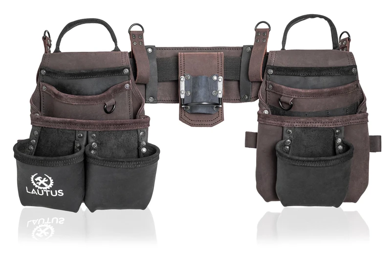 LAUTUS Heavy Duty Top Grain Leather Tool Belt for Framers, Carpenters & Electricians, 18 Pockets, Hammer Holder, 2 D-Rings, 2 Loops, Tape Measure Clip, Thick Belt