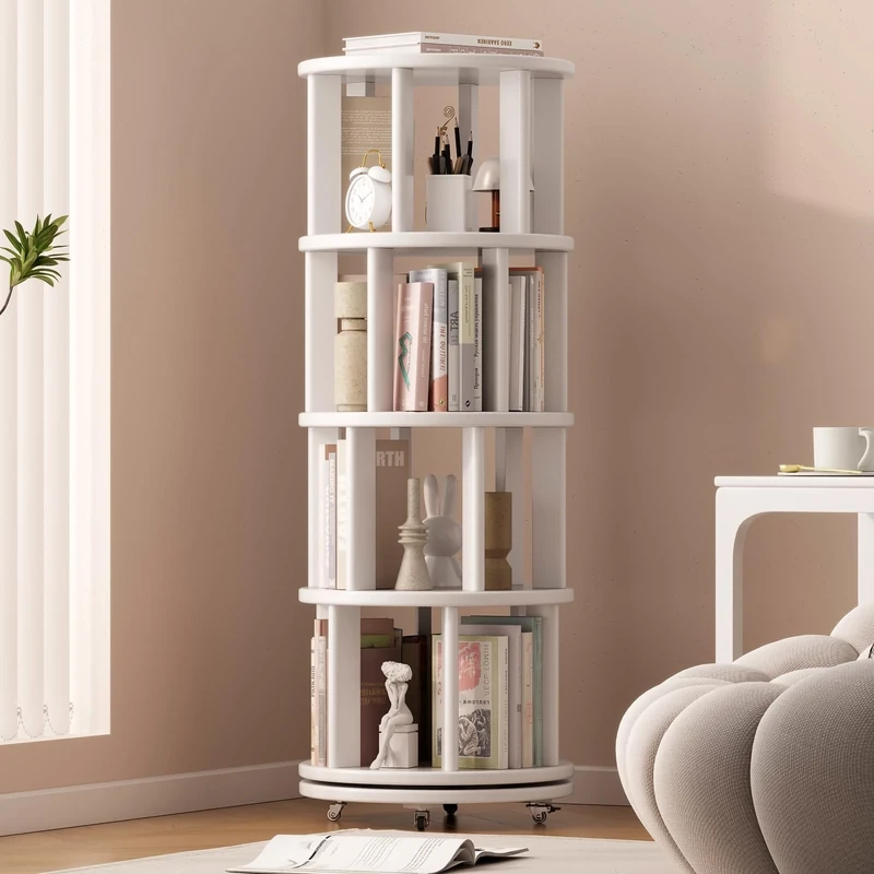 Muwuele Solid Wood Rotating Bookshelf Tower with Lockable Wheels, 4 Tier, Round Revolving Bookcase for Small Spaces, White