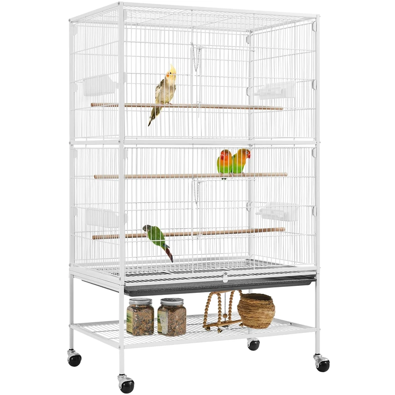 Yaheetech 52in Large Metal Bird Cage Parrot Cage with Rolling Stand Storage Shelf and Tray White