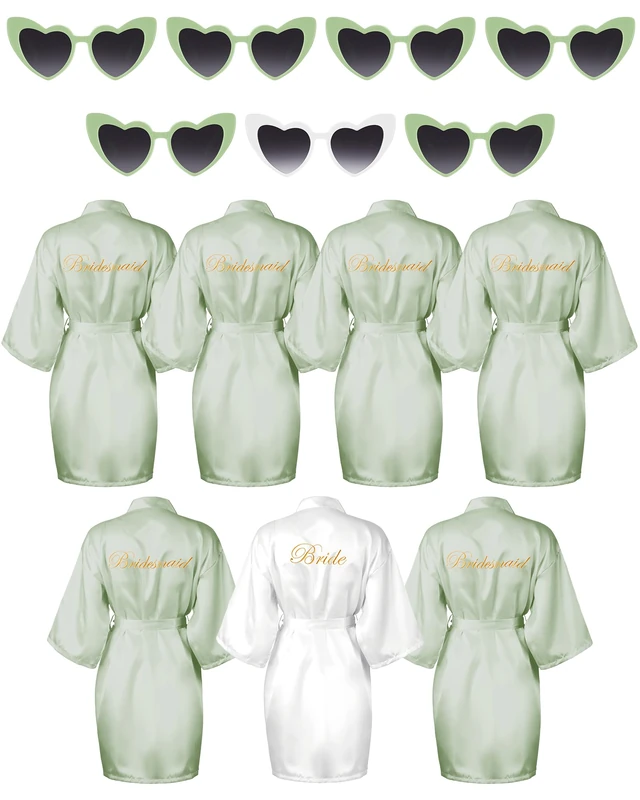Xuhal 7 Pcs Bride Bridesmaid Robe Sets for Wedding Bridal Party Satin Robes Maid of Honor Robe with Heart Shaped Sunglasses, Light Green, White, One Size