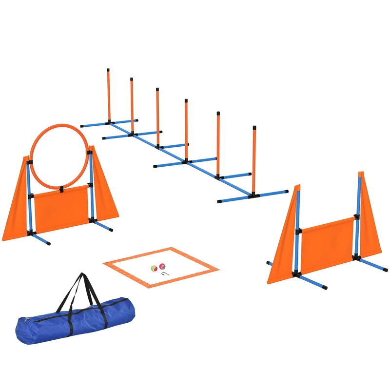 PawHut 6-Piece Dog Agility Equipment, Pet Agility Training Set with Weave Poles, Jump Ring, Hurdle, Pause Box, Obstacle Training Course Kit with Bag, Orange