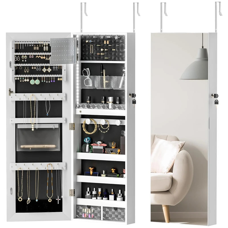 HOMCOM Jewellery Cabinet with LED Lights, Door Hanging or Wall Mounted Full Length Mirror with Storage, Lockable Jewellery Organiser, White Surface and Black Lining