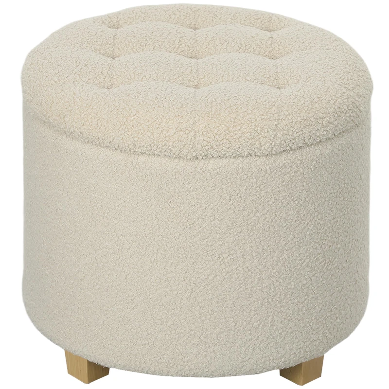 HOMCOM 45cm Round Storage Ottoman, Teddy Fleece Footstool with Removable Lid and Wood Legs, Button Tufted Vanity Stool for Living Room Bedroom Hallway, Cream White - Image 1