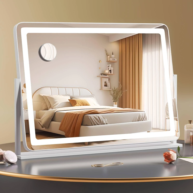 RELAX4LIFE Hollywood Vanity Mirror with Lights, 80x55cm Large LED Lighted Makeup Dressing Tabletop Mirror with 3-Color Dimmable, 10X Magnify Mirror and Touch Control, 360° Rotation, White