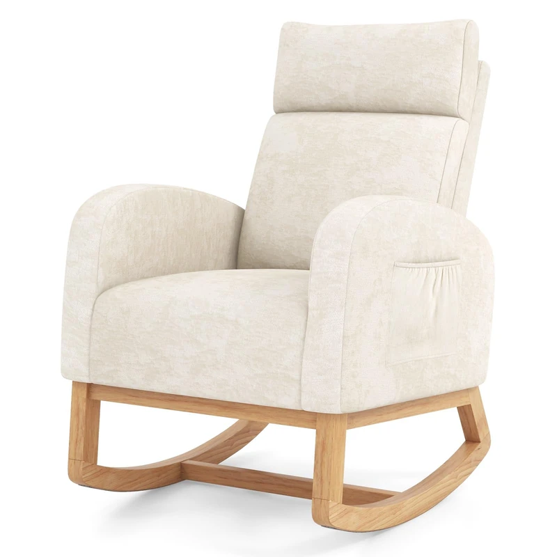 RELAX4LIFE Nursing Rocking Chair, Upholstered Chenille Fabric Relax Rocker Armchair with Headrest, Side Pockets & Solid Wood Legs, High Back Accent Lounge Recliner for Living Room, Bedroom