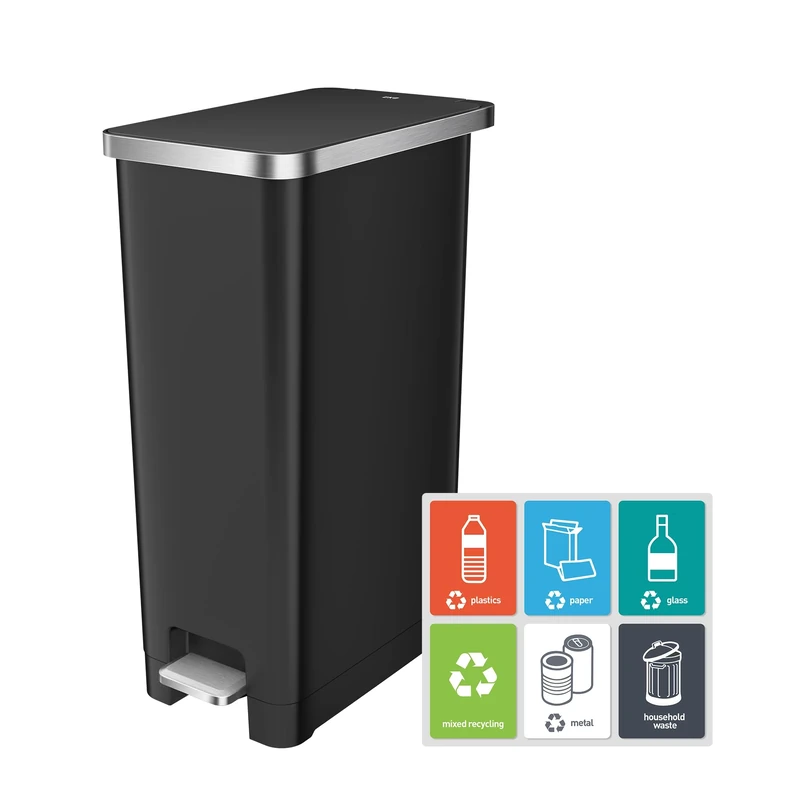 EKO Hana Slim 30L Kitchen Bin, Pedal Rubbish Bin with Soft Close and Stay-Open Lid, Space Saving Recycling Waste Bin for Home or Office, Black