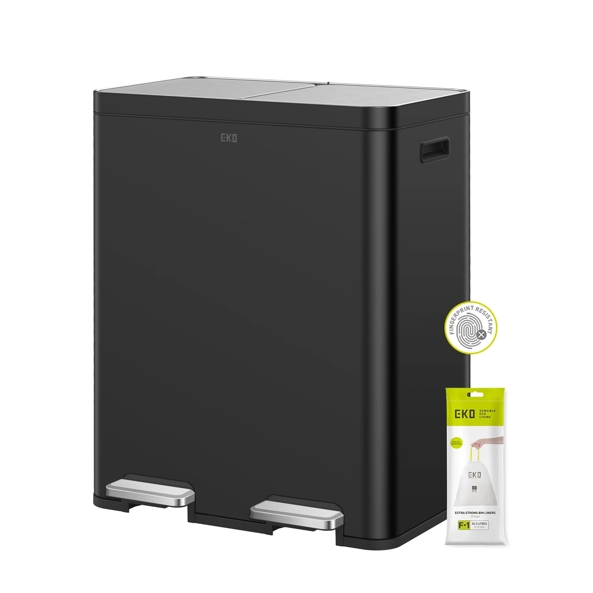 EKO Edison Dual Kitchen Bin for Recycling and Trash, 2x30 Litre Rubbish Bin with Dual Removable Inner Liners, Independent Lids and Pedals, Matt Black Stainless Steel