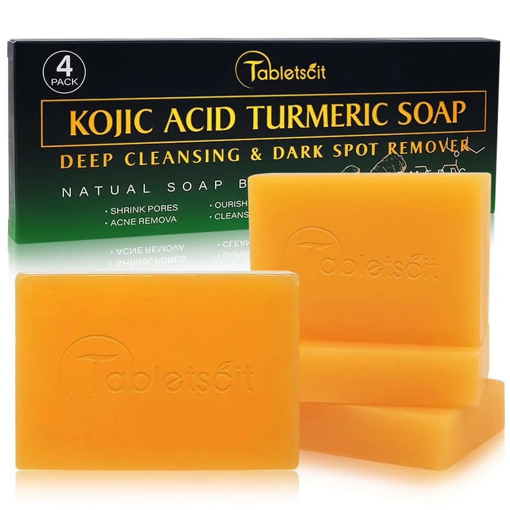 Tabletscit Kojic Acid Turmeric Soap, Deep Cleansing and Dark Spot Remover, Natural Gentle Skin Lightening Soap Bars with Vitamin C, Turmeric, Hyaluronic Acid, Vitamin E, For All SkinTypes (4Pack)