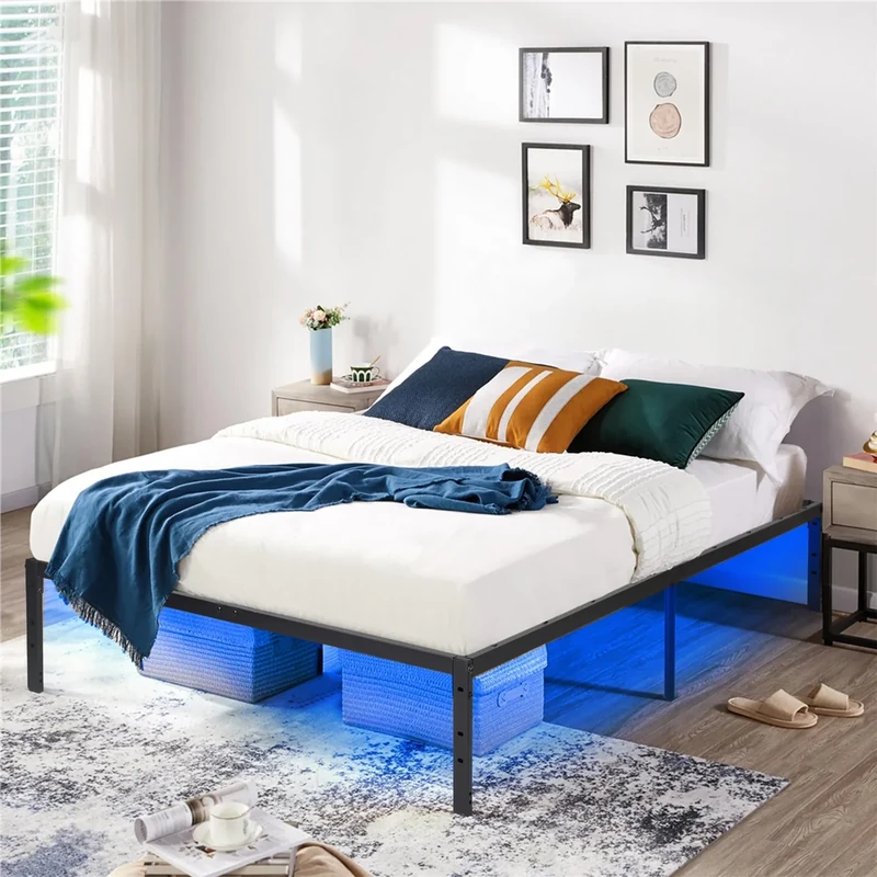 FurnitureR Metal Platform Bed Frame Solid Bedstead Base with Crochet-design Headboard Footboard, Underbed Storage Space Fits for Teenagers/Adults, Black(Single/Double) (FULL Size(No Headboard))