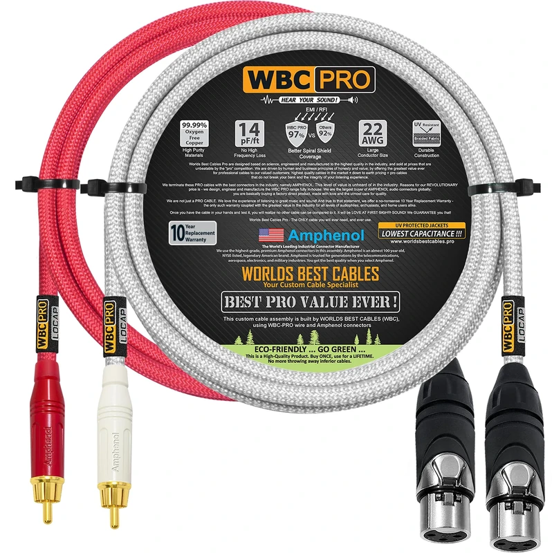 3 Foot RCA to XLR (Female) Cable Pair - WBC-PRO-LOCAP Low-Capacitance (14pF/ft) 22 AWG Ultra-Silent Audiophile & Pro-Grade Audio Interconnect Cable - Amphenol Plugs & Red & Silver Tweed Jackets
