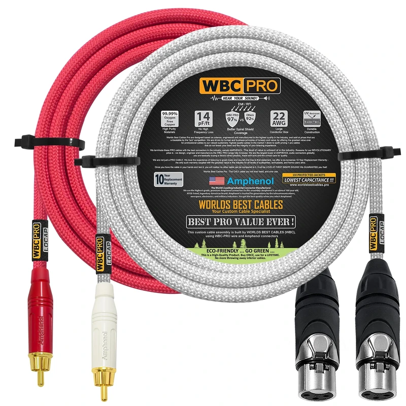 8 Foot RCA to XLR (Female) Cable Pair - WBC-PRO-LOCAP Low-Capacitance (14pF/ft) 22 AWG Ultra-Silent Audiophile & Pro-Grade Audio Interconnect Cable - Amphenol Plugs & Red & Silver Tweed Jackets
