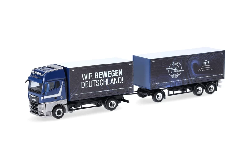 Herpa Truck Model MAN TGX GX Curtain Side Truck "Stickelmann/Wir bewegen Deutschland" (North Rhine-Westphalia/Würselen), miniature at a scale of 1:87, collectible, Made in Germany, plastic