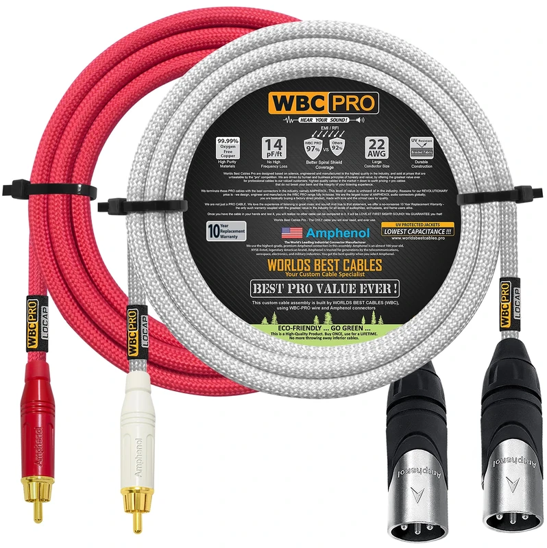 8 Foot RCA to XLR (Male) Cable Pair - WBC-PRO-LOCAP Low-Capacitance (14pF/ft) 22 AWG Ultra-Silent Audiophile & Pro-Grade Audio Interconnect Cable - Amphenol Plugs & Red & Silver Tweed Jackets