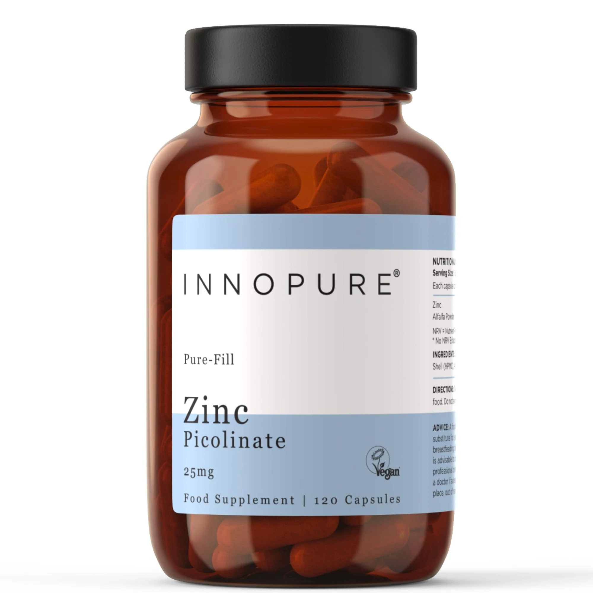 INNOPURE Zinc Picolinate Capsules, Pure-Fill (No Fillers or Binders) 25mg Elemental Zinc Supplements, Vegan Society Approved, 120 Capsules, UK Made