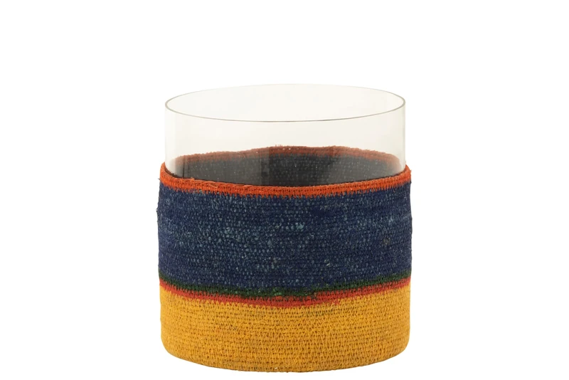 J-Line Round Tealight Holder+Glass Lines/Seagrass Dark Blue/Yellow
