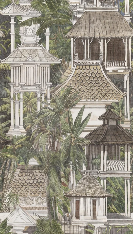 Livingwalls Hot Spots Photo Wallpaper Asian Buildings 1,59 m x 2,80 m - Brown, Cream, Green - Floral Palms Wallpaper - 790151