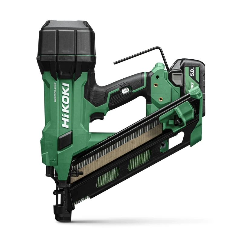 HiKOKI Battery Strip Nailer 34° - 18 V, 50-90 mm Nails - Powerful, LED Light, Brushless Motor, Air Spring Drive, Tool-Free Depth Adjustment - Includes 2 Batteries 18 V/5 Ah + Charger + System Case