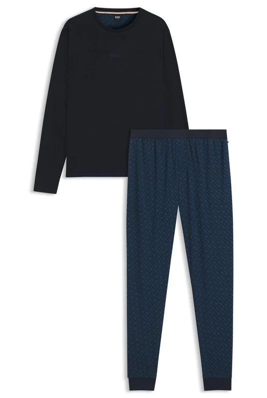 BOSS Mens Relax Long Set Cotton pyjama set with monograms and logos