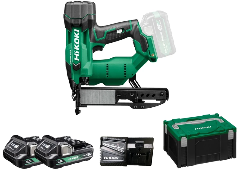 HiKOKI Battery Clamp Device - 18 V, 13-40 mm, Li-Ion, LED Light, Tool-Free Depth Adjustment, Air Spring Drive, Brushless Motor, Switchable Trigger - Includes 2 Batteries 18 V/2 Ah + Charger + Case