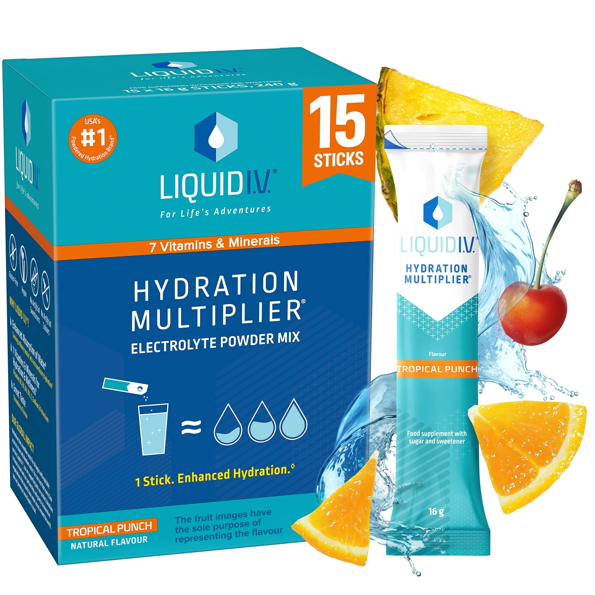 Liquid I.V. Hydration Sachets | Tropical Punch| Electrolyte Powder Mix | 1 Pack (15 Sticks) | 7 Vitamins and Minerals | Vegan