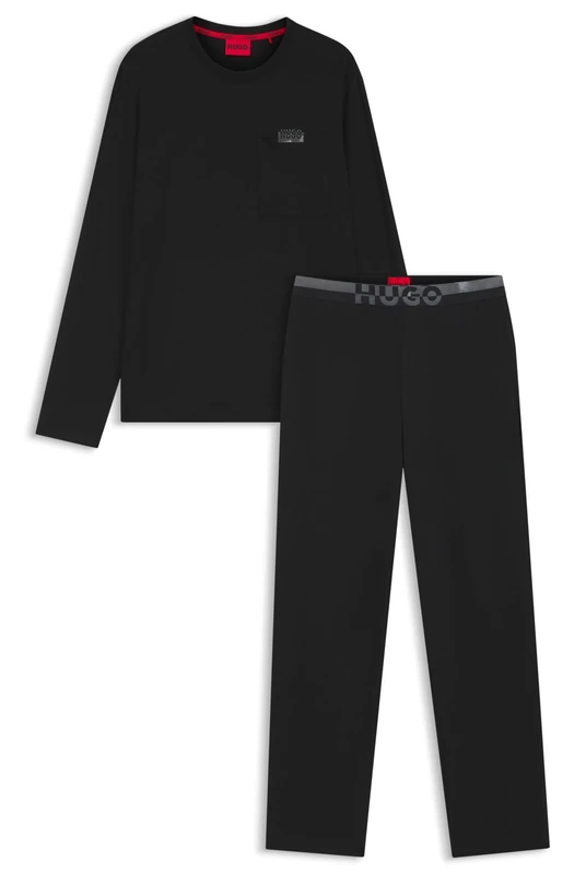 HUGO Mens NOCTO LONG SET Relaxed-fit pyjamas in stretch jersey with split logos