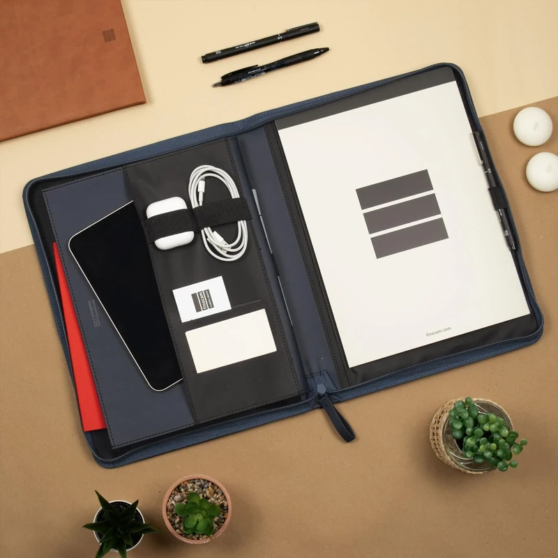 Finocam - A4 Nopal Document Holder - Navy Blue | Zippered Portfolio - Inner Tablet Pocket | Notepad Folder | BIOMATERIAL Document Holder - Cactus Base