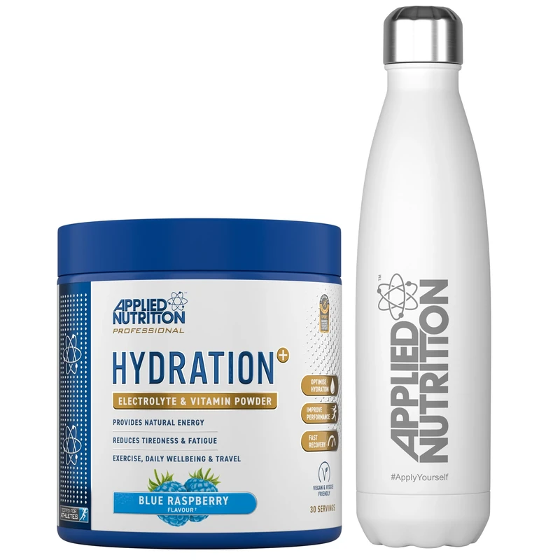 Applied Nutrition Hydration Electrolyte & Vitamin Powder + White Steel Flask 500ml- Natural Energy & Reduces Tiredness & Optimise Hydration (240g - 30 Servings)(Blue Raspberry)