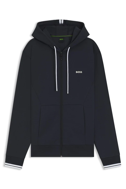 BOSS Mens FZ Hoodie Zone Cotton-blend zip-up hoodie with stripe details Dark Blue