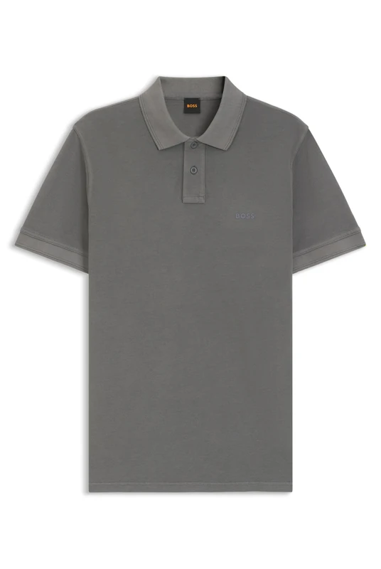 BOSS Men's Prime Cotton Pique Polo Shirt with Logo Print, Open Grey, L