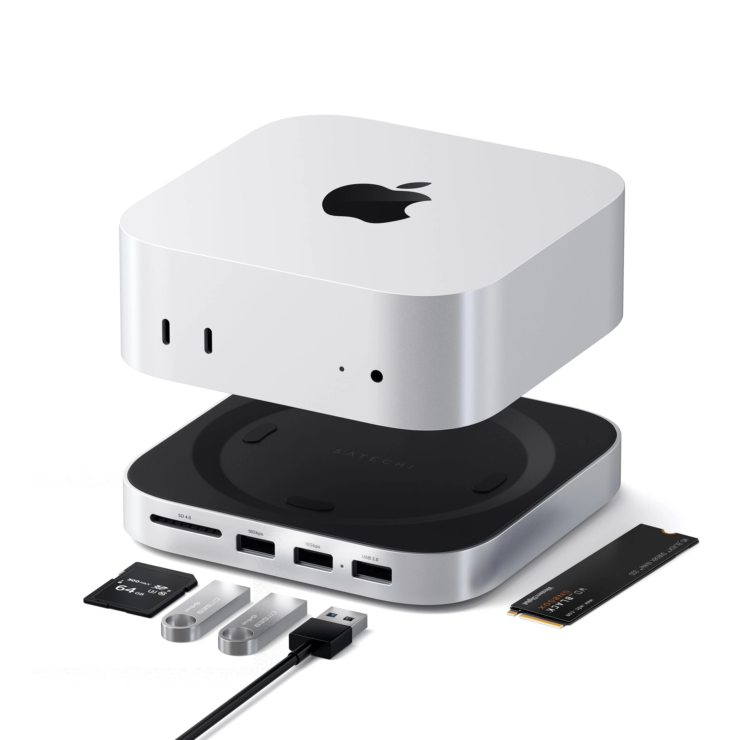 SATECHI Mac Mini M4 Hub & Stand with NVMe SSD Enclosure, Dock with 2 USB-A Up to 10Gbps Ports, USB-A Data Port, SD Card Reader for Mac Mini M4, M4 Pro - Silver