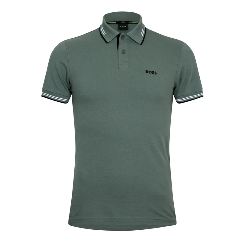 BOSS Mens HBG Paul Polo Contrast Striped Trim Shirt Short Open Green XS