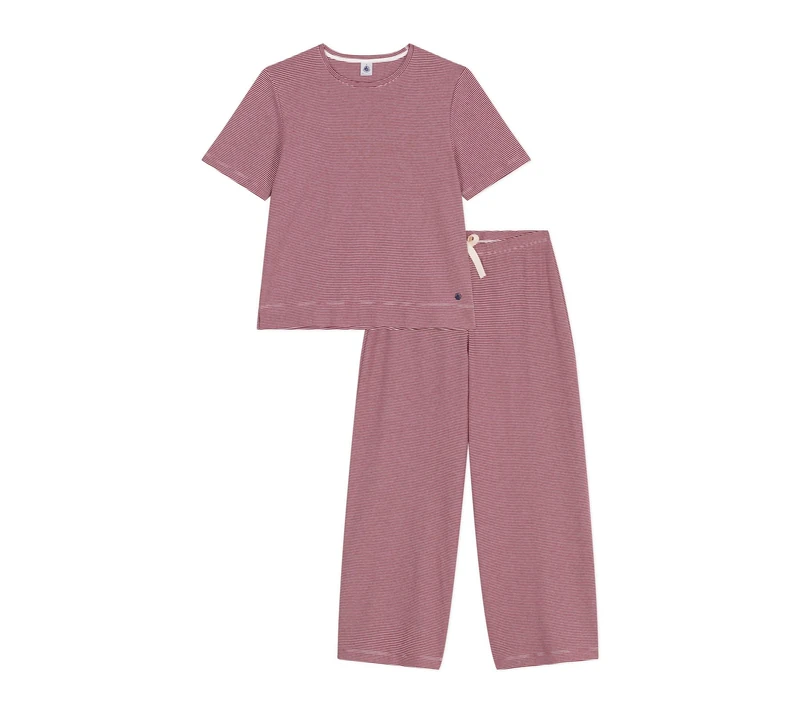 Petit Bateau Women's Cotton Short Sleeve Wide Leg Striped Pyjamas, Amaranth/Marshmallow, M