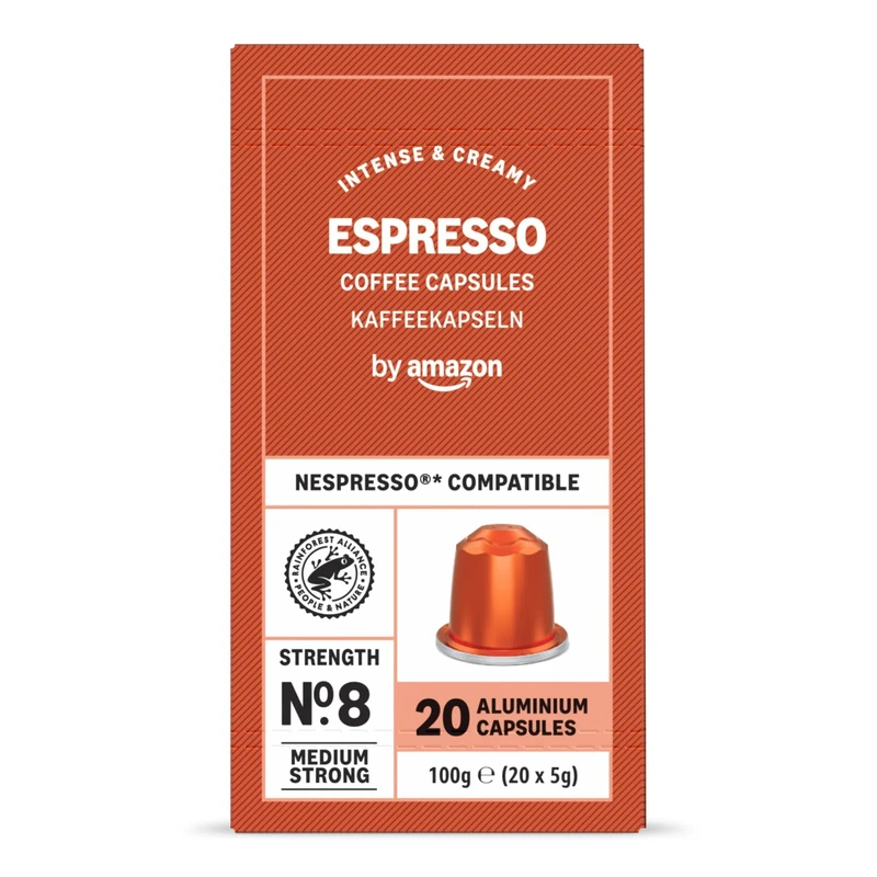 by Amazon Espresso Aluminium Coffee Capsules Compatible with Nespresso, Light Roast, 20 Count - Rainforest Alliance Certified