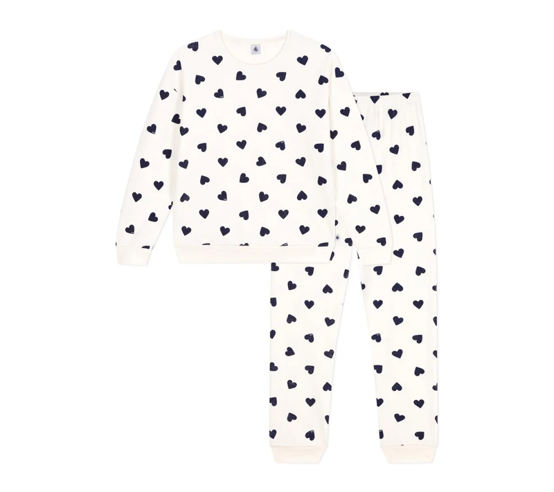 Petit Bateau Women's Cotton Terry Heart Print Pyjamas, Milk/Evening, XS
